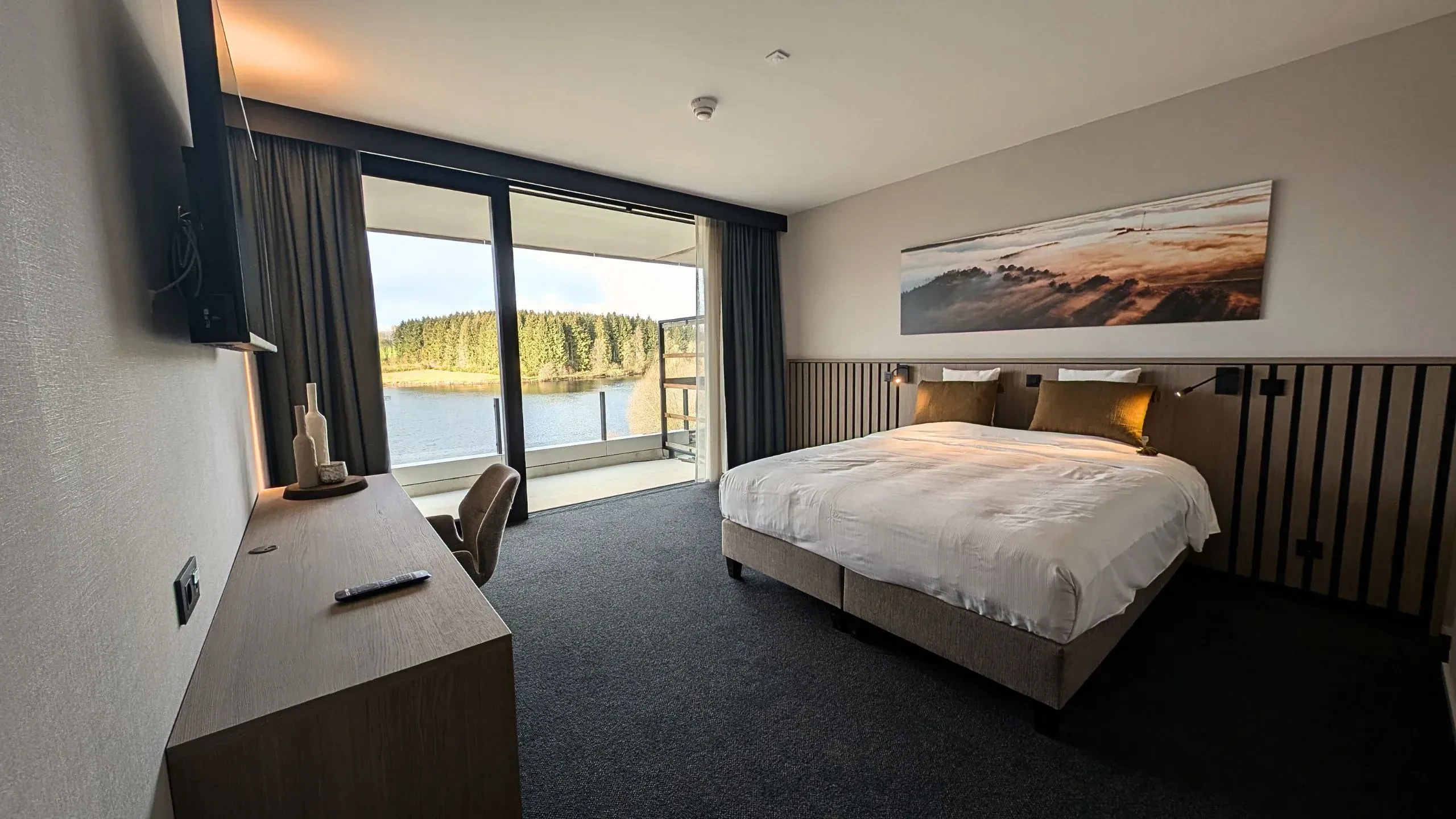 Chambre d'hôtel moderne avec vue sur le lac.