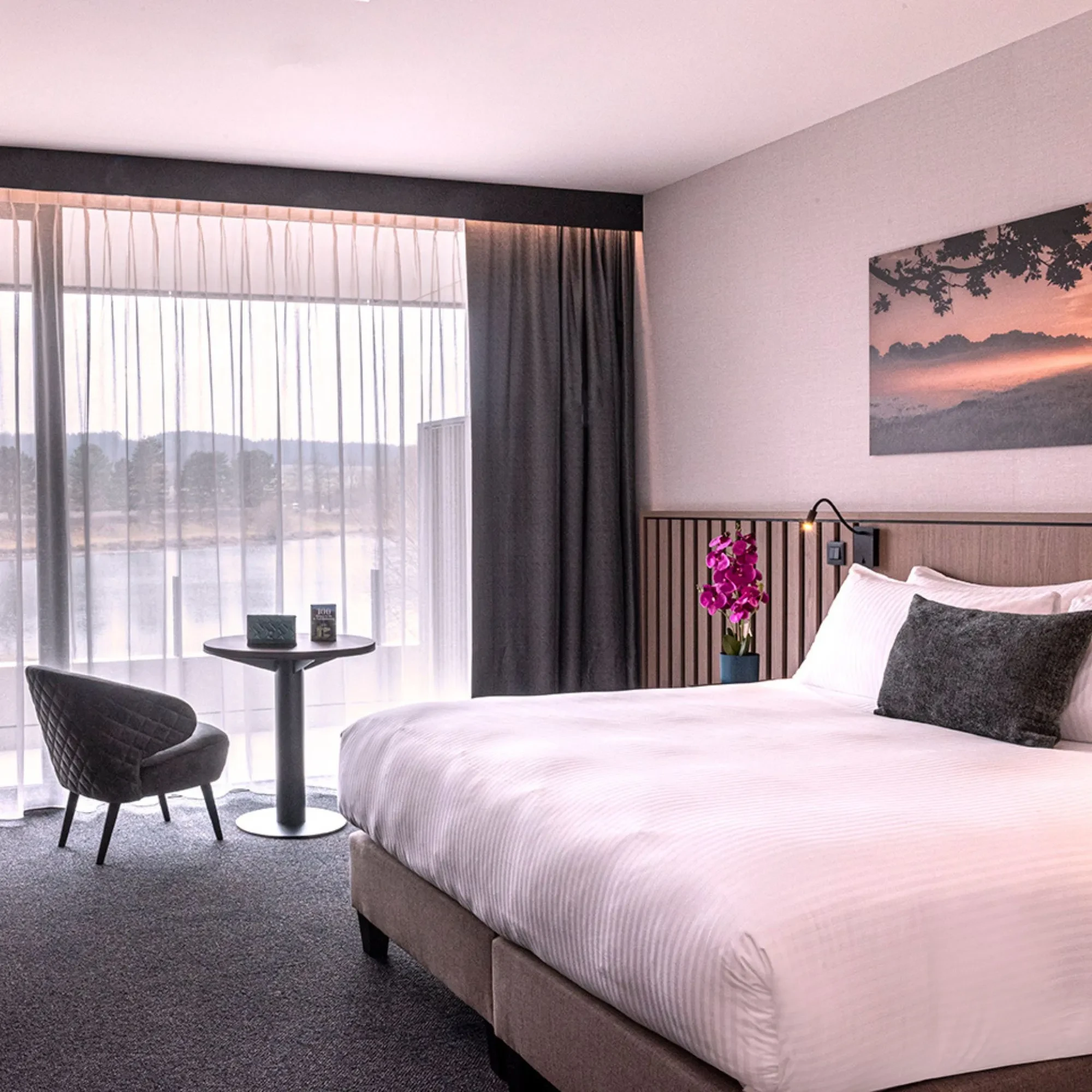 Chambre d'hôtel moderne avec vue panoramique.