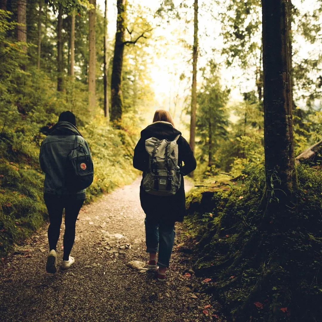 Deux personnes marchant dans une forêt verdoyante - Séjour Bien-être Luxembourg - Anatura Luxembourg