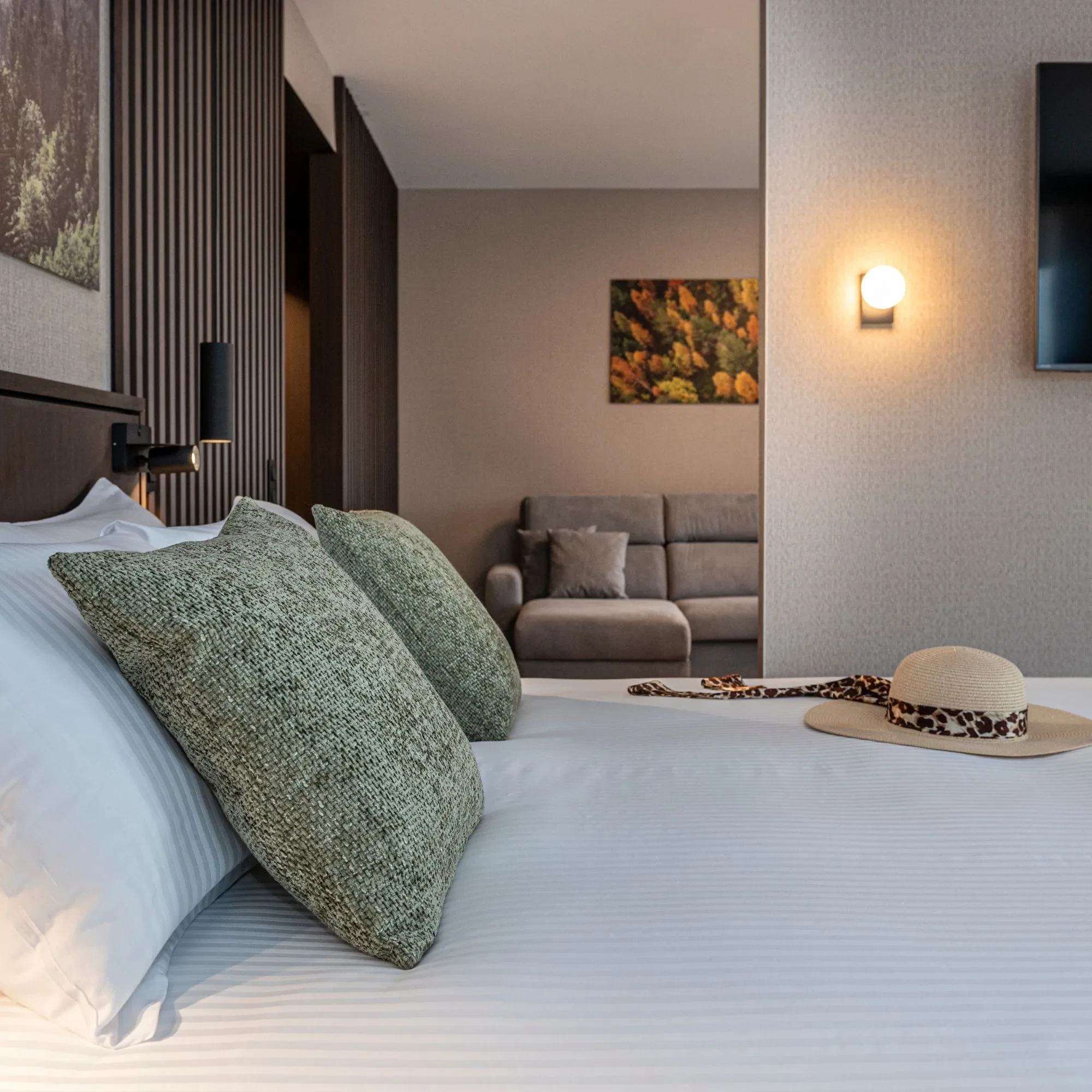 Chambre d'hôtel moderne avec lit et canapé gris.