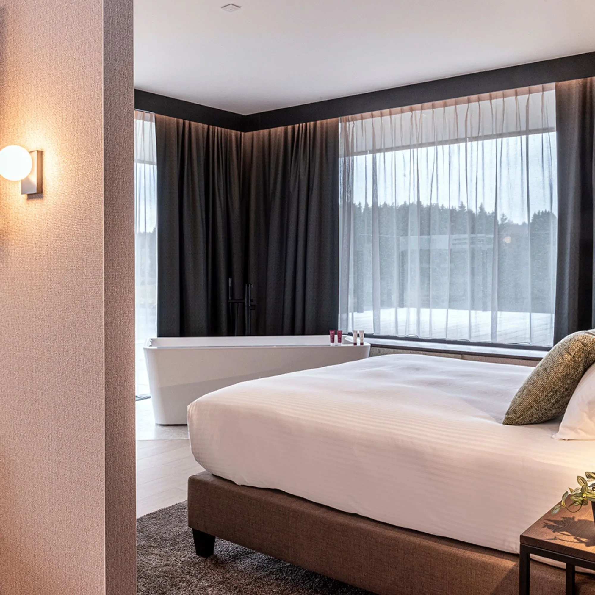 Chambre d'hôtel moderne avec baignoire et lit.
